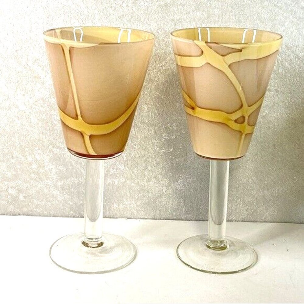 Vintage Wine Glasses Cased Hand Blown Italian Glass Set of 2 MCM Cream